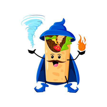 Cartoon Halloween burrito tex mex food wizard and mage character. Isolated vector tasty Mexican roll wear cape and hat wields magical powers. Food wiz personage with a fire and thunderstorm in handsのイラスト素材