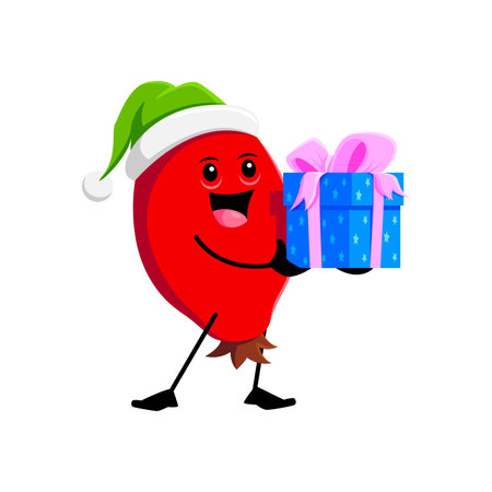Cartoon Christmas holiday rosehip berry character with gift box. Isolated vector rose hip wear green elf hat. Santa helper personage with cheerful smile, spreading holiday cheer with colorful presentのイラスト素材