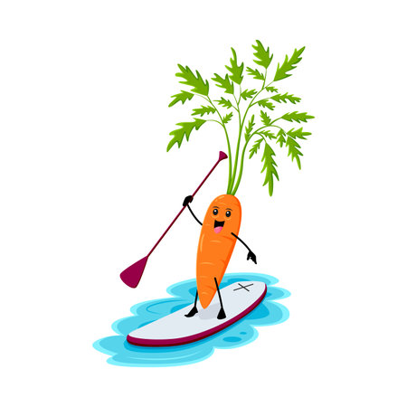 Cartoon cheerful carrot vegetable character float on supboard with paddle in hand. Isolated vector healthy food personage enjoying outdoor activities on beach. Fresh vitamin on summer coastal vacationのイラスト素材