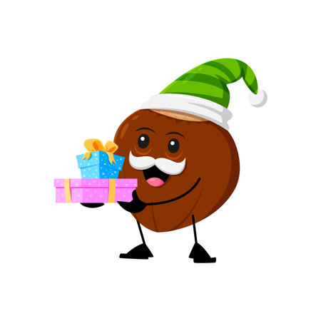 Cartoon Christmas hazelnut nut character with gift boxes. Isolated vector Santa helper personage with cheerful smile, wear green elf hat, spreading holiday cheer with presents. Funny protein snackのイラスト素材