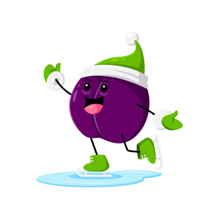 Cartoon cheerful Christmas holiday plum fruit character skating on the ice rink. isolated vector damson prune personage spreading holiday joy and cheer, showcasing festive mood and winter delightのイラスト素材