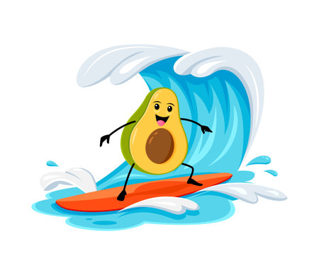 Cartoon cheerful avocado vegetable character on summer beach vacation. Fresh vector tropical fruit personage riding surf board on sea wave having outdoor fun at sea resort. Healthy food relax in oceanのイラスト素材