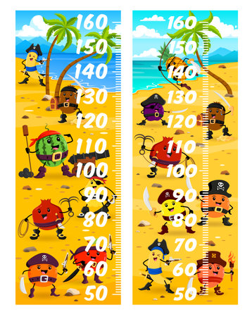 Kids height chart measure ruler with cartoon fruit pirates and corsairs characters. Vector children growth meter scale of pirate treasure island with cute pineapple, banana, lemon fruit corsairsのイラスト素材