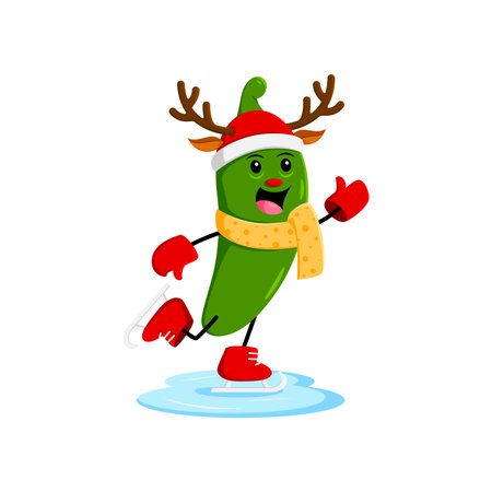 Cartoon Christmas tex mex mexican jalapeno character skating on the ice rink during winter vacation. Isolated vector green chili or guindilla pepper personage wear reindeer horns, skates, and scarfのイラスト素材
