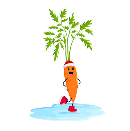 Cartoon carrot vegetable character skates on ice rink. Christmas celebration, winter season festive or merry Xmas greeting vegetable vector funny personage. Happy New Year veggie cheerful characterのイラスト素材