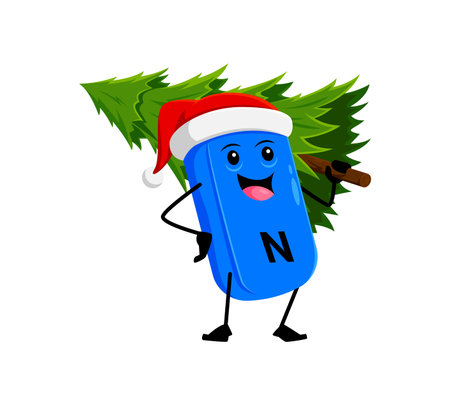 Cartoon Christmas vitamin N character carries a holiday tree. Isolated vector cheerful Santa Claus Lipoic acid supplement pill personage spreading festive joy and seasonal charm for Xmas celebrationのイラスト素材