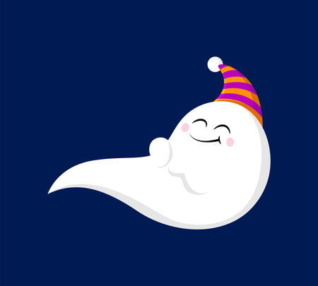 Cartoon Halloween kawaii sleeping ghost character. Isolated vector charming, little spook peacefully slumbers, adorned in a cozy nightcap, peacefully resting with smiling face on a tranquil nightのイラスト素材