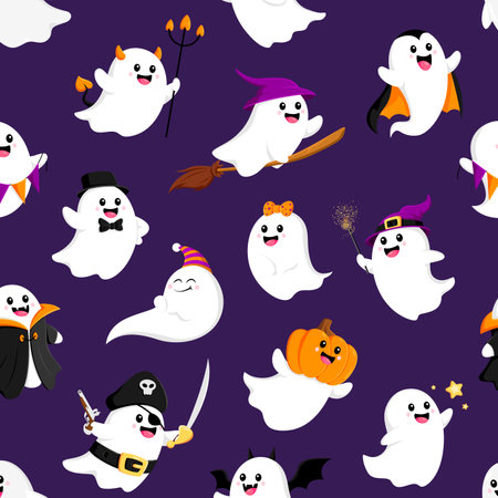Halloween kawaii ghosts seamless pattern. Vector happy spirits and cute phantoms cartoon characters in Halloween trick or treat costumes. Pumpkin, witch, vampire, pirate, dracula and devil ghostsのイラスト素材