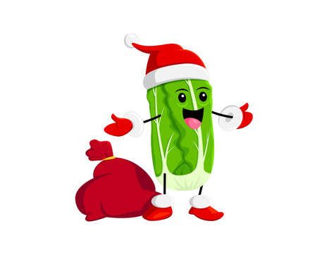Cartoon pak choi cabbage vegetable character in Santa hat. Merry Christmas, Xmas or happy New Year holiday celebration vector mascot. Winter season holiday vegetable cheerful personage with gift bagのイラスト素材