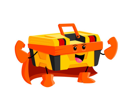 Cartoon toolbox superhero character. Isolated vector lively super hero personage with a charismatic smile and dynamic pose, ready to tackle any diy challenge with a variety of helpful tools insideのイラスト素材