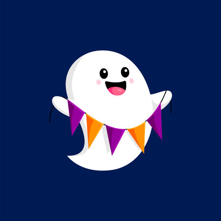 Cartoon Halloween kawaii ghost character with festive flag garland. Isolated cute and adorable spirit personage adding a charming and spooky touch to holiday, creating a whimsical seasonal atmosphereのイラスト素材
