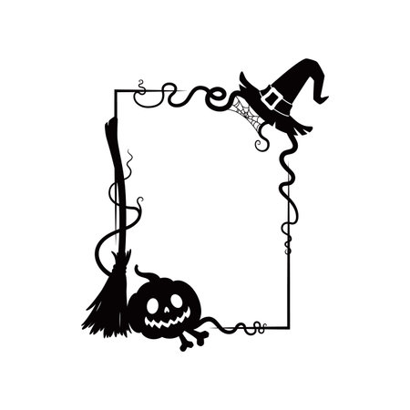 Halloween holiday scary black frame with silhouettes of cobweb, witch hat and broomstick, jack lantern face, and bones. Isolated vector decorative rectangular border or vignette with spooky decorのイラスト素材