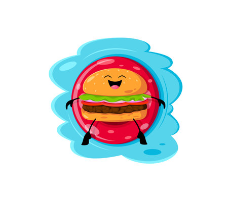 Cartoon fast food burger character swimming on float ring. Street restaurant hamburger cheerful mascot, takeaway menu meal or junk cafe burger funny vector character or comical personage on vacationのイラスト素材