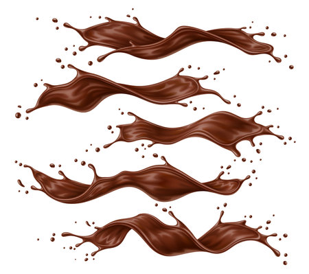 Realistic liquid chocolate splash wave. Brown choco, cream or cacao flow. Isolated 3d vector rich, velvety cascading sweet jets and creamy swirls, capturing the essence of indulgence and temptationのイラスト素材