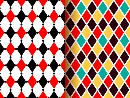 Circus harlequin clown carnival patterns, seamless vector background with geometric rhombus. Harlequin pattern of mosaic or vintage Italian tile ornament, masquerade or joker abstract patternのイラスト素材