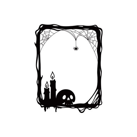 Halloween holiday scary black frame adorned with skull, spider on cobwebs, and burning candle. Isolated vector rectangular decorative border for eerie memories, capturing spooky essence of holidayのイラスト素材