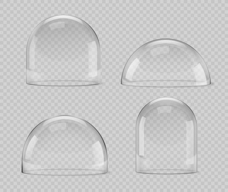 Isolated glass dome, glossy bell sphere. Realistic 3d vector snow globe souvenirs, crystal semisphere containers of small, medium and large sizes. Festive xmas gift mock up on transparent backgroundのイラスト素材