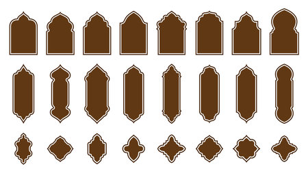 Islamic window and door shapes. Isolated vector set of arab mosque arches and gates. Elegant architecture elements, icons for Muslim Ramadan Kareem and Eid Mubarak holiday. Brown portal framesのイラスト素材