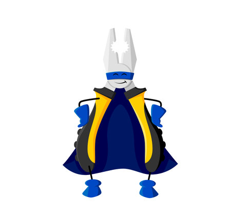 Cartoon pliers superhero character. Isolated vector diy tool, repair, fixing or construction instrument wear blue cape and mask. Funny wire-cutter personage dressed in defender robe with arms akimboのイラスト素材