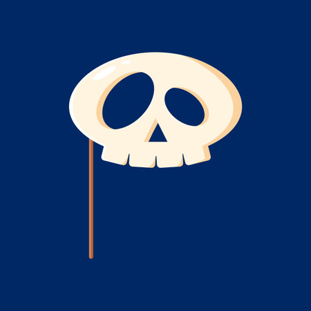 Cartoon Halloween photo booth skull mask with props. Isolated vector cranium face with eyes and nose holes, teeth and holder stick. Playful accessory to spooky snapshots, and masquerade party funのイラスト素材