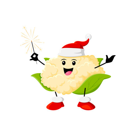 Cartoon cauliflower vegetable character in Santa hat with magic wand or sparkler ready to sprinkle holiday fun and spread veggie joy with whimsical smile. Isolated vector Xmas healthy food personageのイラスト素材