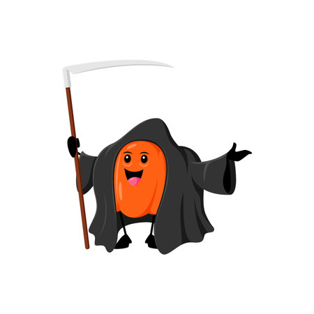 Cartoon Halloween pumpkin character dons a grim reaper costume, combining spooky and cute for a delightful holiday twist. Isolated vector gourd in robe with scythe radiating all hallows eve spiritのイラスト素材