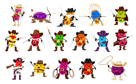 Cartoon vitamin ranger, cowboy, sheriff, Indian and robber characters, vector kids mascots. Funny cute vitamins as Western ranger, Indian chief, saloon cowboy or bandit robber with rifle gun and lassoのイラスト素材