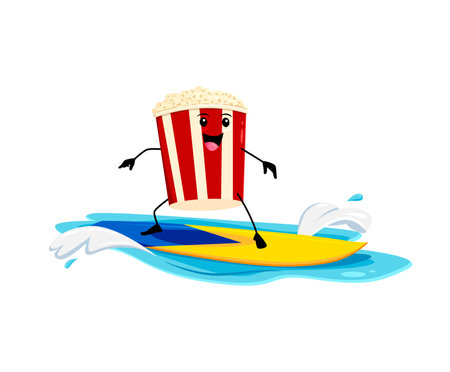 Cartoon fast food popcorn bucket surfer character on the sea wave. Junk food menu meal cute character, fast food cafe snack cheerful isolated vector personage or popcorn childish mascot on surfboardのイラスト素材