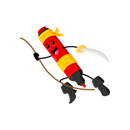 Cartoon felt-tip pen school supply pirate and corsair character. Isolated vector painting tool personage dangles from a rope, brandishing a gleaming sword, exuding swashbuckling charm and adventureのイラスト素材