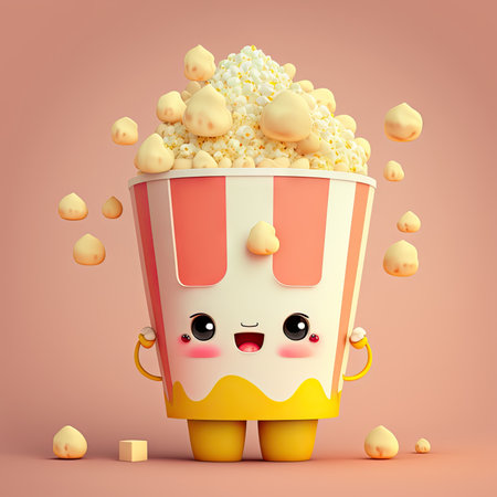 Popcorn mascot kawaii ai generated character, cartoon sweet or salty popping movie fun snack with cute face, hands and legs. Food for TV series and cinema watching, cute emoticonの素材