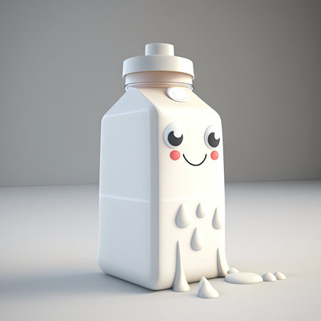 Funny happy milk package ai generated drink illustration, cute cartoon character. Lactose product childish pack, dairy food. Comic drink personage with cheerful expression and splashesの素材