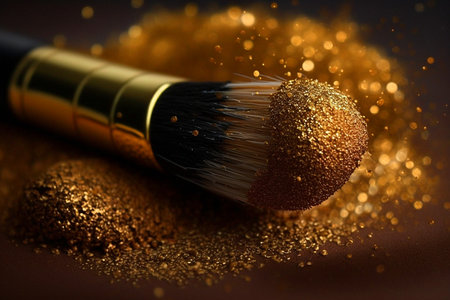 Makeup brush with gold glitter or face powder, AI generated cosmetic product and beauty tool. Professional cosmetic brush of makeup artist kit with black and white bristles and golden sparklesの素材