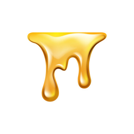 Honey or maple syrup liquid dripping, isolated realistic sweet yellow substance melting. Vector sweet jelly fluid with drops, sticky oil or caramel flowingのイラスト素材