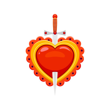 Cartoon mexico sacred Jesus heart pierced by sword. Mexico love tattoo, Christian religion Gods heart symbol or Latin America culture spiritual decoration, vector print of heart pierced with swordのイラスト素材