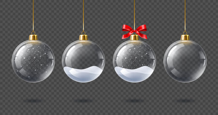 Christmas glass bauble balls, realistic isolated 3D vector on transparent background. Realistic glass balls for Christmas and New Year winter holiday, crystal baubles decoration with snow snowflakesのイラスト素材
