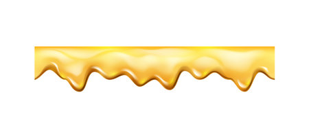 Dripping sugary caramel or topping, isolated melting honey with drops. Vector flowing mead or juice, sticky oil essence with droplets, maple syrup liquid splattersのイラスト素材