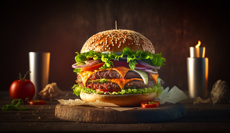 Tasty grilled beef burger with lettuce, cheese and vegetables served on brown wooden cutting board with pieces of craft paper on rustic wood counter table with burning candle ai generated illustrationの素材