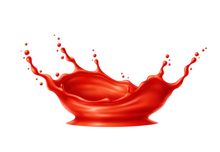 Tomato red juice or ketchup sauce corona splash. Realistic 3d vector liquid catsup, fruit, berry or vegetable juice crown splosh. Blood or paint drip with splashing drops, isolated drink pour motionのイラスト素材