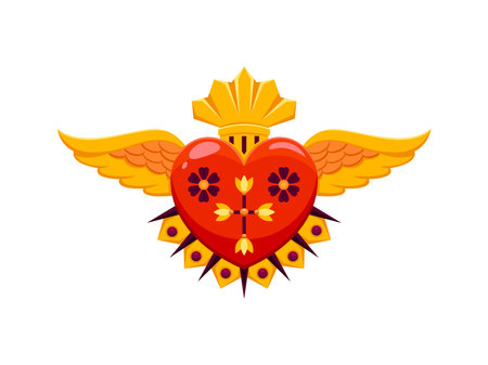 Mexican sacred heart with golden wings and crown. Mexico sacred symbol apparel print, Latin America culture spiritual tattoo or isolated vector heart patch with thorns, golden crown, wings and crossのイラスト素材