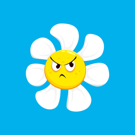 Cartoon chamomile, daisy flower character with grumpy face emotion, drooping petals, and furrowed brows. Isolated vector camomile exudes discontent expression, exuding a sad and angry demeanorのイラスト素材