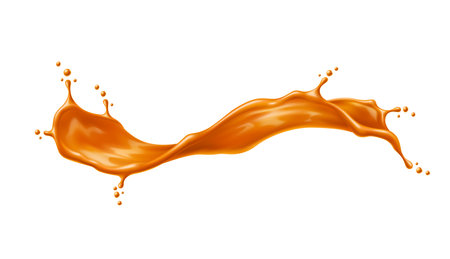 Caramel sauce wave splash or flow. Golden swirl with drops. Juice or toffee splatter. 3d vector drink, liquid sugar candy wavy splash with creamy texture. Isolated realistic motion with spray dropletsのイラスト素材