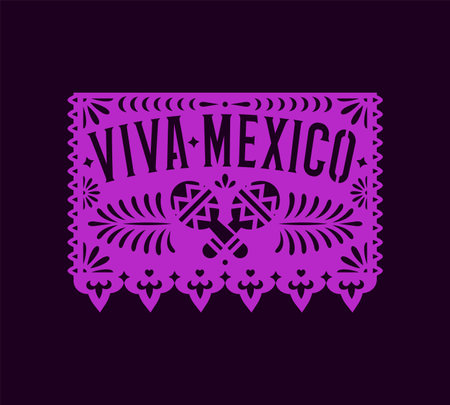 Viva mexico mexican paper cut holiday flag with maracas and floral print, garland element with bunting. Vector banner for Cinco de Mayo holidayのイラスト素材