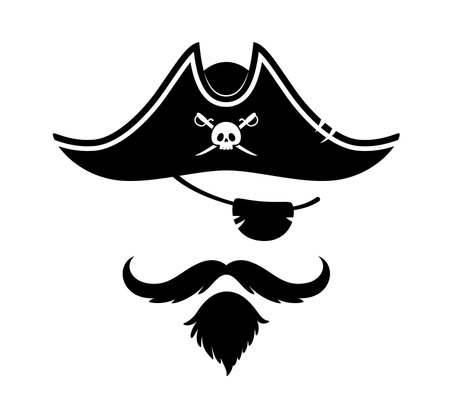 Pirate captain photo booth mask of tricorn and eyepatch, cartoon vector. Caribbean pirate or corsair sailor photo booth face effect mask of captain hat with skull and crossbones, eyepatch and beardのイラスト素材