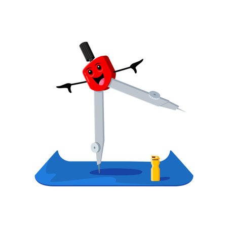Cartoon compass school supply character on yoga fitness sport. Isolated vector divider finding zen in a yoga pose. Balancing education and relaxation, perfect guide for a stress-free school journeyのイラスト素材