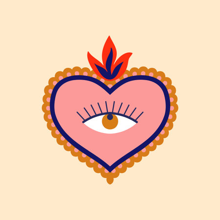 Mexico sacred heart retro sticker. Mexico spiritual decoration, Christian religion sacred symbol apparel print or Latin America culture love tattoo or God heart with fire and eye vector patchのイラスト素材