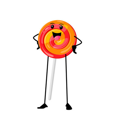 Cartoon cheerful lollipop funny fast food character. Isolated vector joyful, vibrant candy on stick personage with smiling face, swirling colors, and a playful aura, spreading sweetness and happinessのイラスト素材