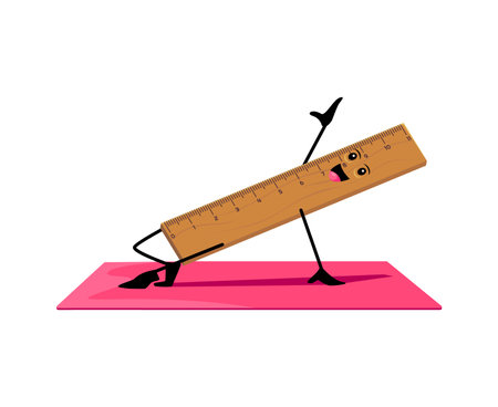 Cartoon ruler school supply character on yoga fitness sport. Isolated vector flexible, cheerful stationery personage standing on one hand, promoting balance, strength, and zen in the fitness worldのイラスト素材