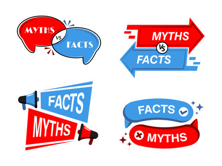 Myths and facts badges, truth and false icons separating fiction from reality. Vector symbols of knowledge, empower truth-seekers, dispel misconceptions, fostering a culture of informed understandingのイラスト素材