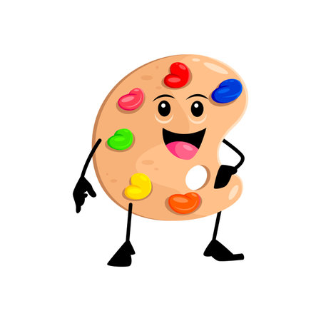 Cartoon cheerful funny school stationery character, featuring an array of colorful paint swatches, ready for creative adventures. Isolated vector lively, vibrant and expressive, artist tool personageのイラスト素材