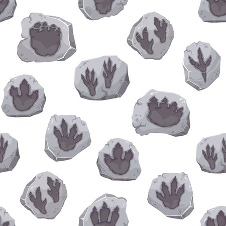 Dinosaur footprint fossils seamless pattern. Dino monsters foot prints vector background. Jurassic animals paw traces silhouettes in cartoon stones, tyrannosaurus, pterodactyl and allosaurus tracksのイラスト素材